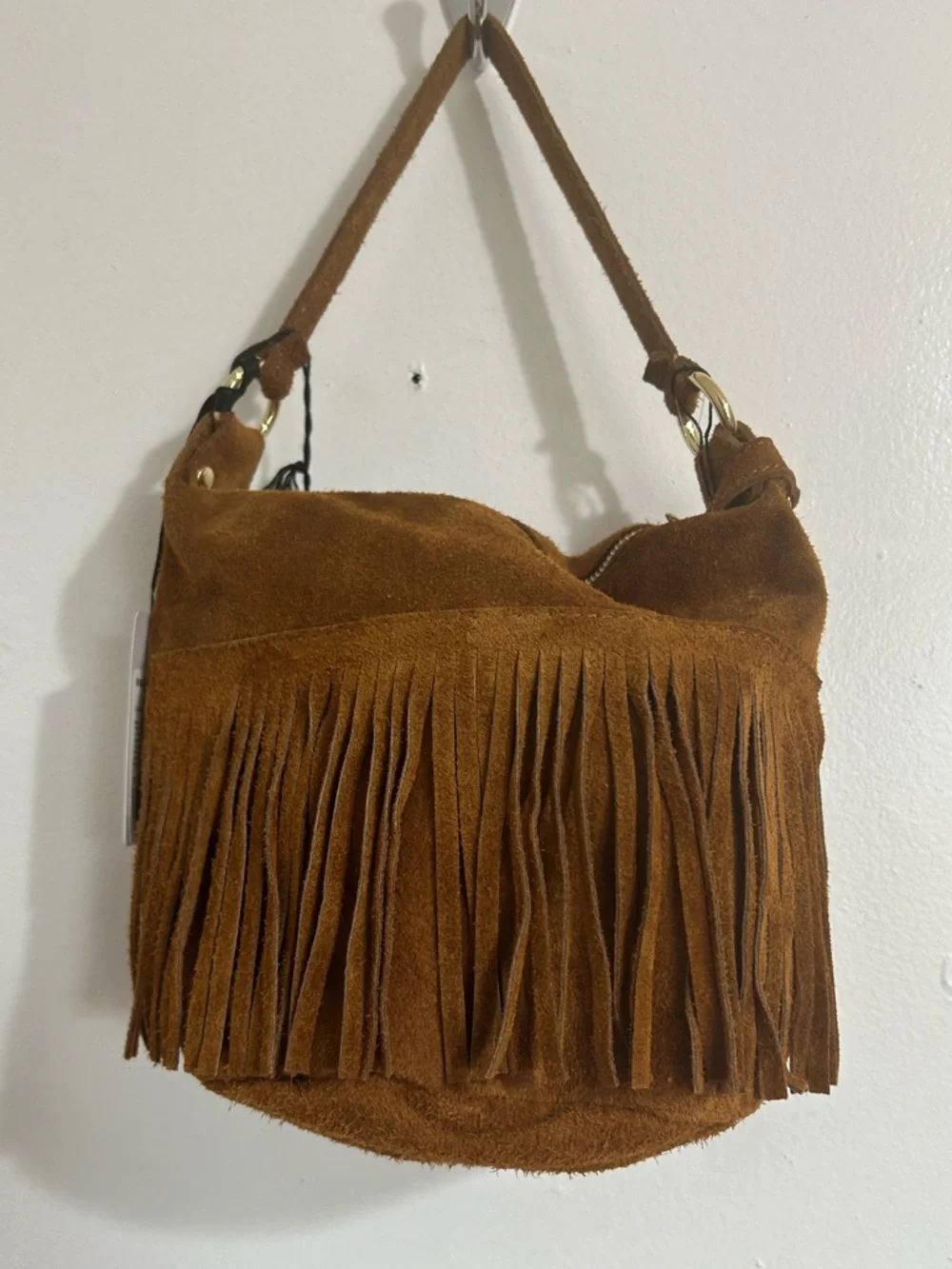 NWT Marlon Made in Italy Suede Hobo Bucket Bag Crossbody with Fringe Trim